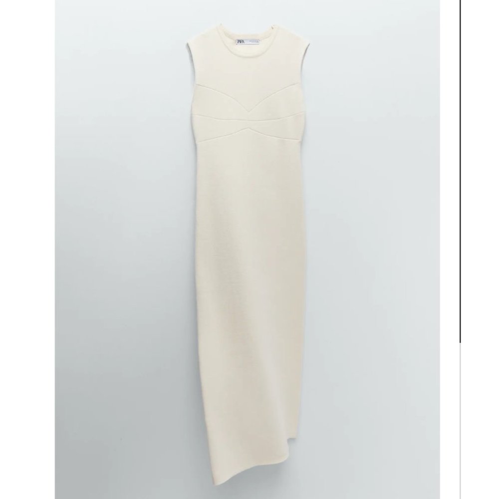 ZARA ECRU BODY HUGGING KNIT BODYCON MIDI MAXI DRESS